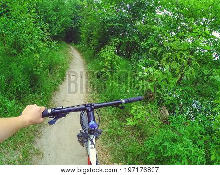 A man cyclist holds a bicycle behind the wheel with one hand in the woods. Copy space.