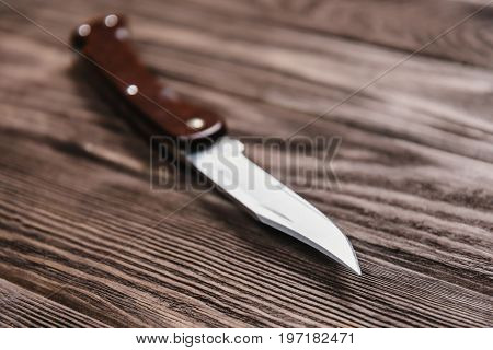 One stainless jackknife on a wooden background.