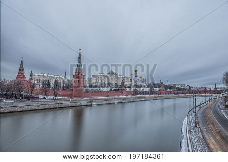 Sunrise view of Moscow Kremlin and Moscow River in Moscow Russia. Moscow architecture and landmark Moscow cityscape