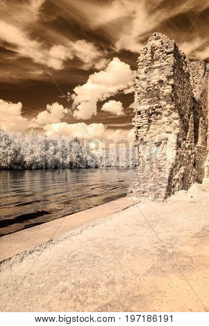 Infrared Camera Image. Old Stone Castle Ruins