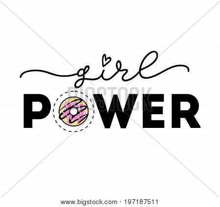 Girl power Vector poster with phrase and decor elements. Feminism slogan with lipstick and stars. Isolated typography card. Design for t-shirt and prints.