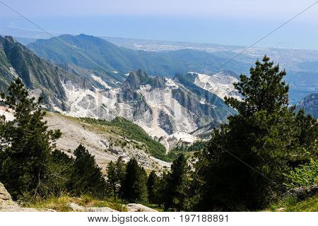 A view of Carrara's marble quarry from campocecina in the regional park of apuan alpes