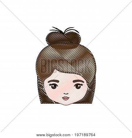 color crayon silhouette caricature closeup front view face woman with semi collected hairstyle vector illustration