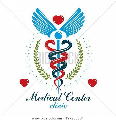 Aesculapius vector abstract business logo for use in medical treatment. Cardiovascular system diseases prevention conceptual emblem.