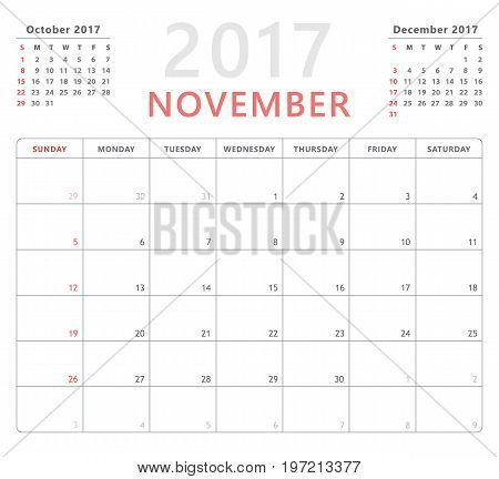 Calendar Planner 2017 November, Week Starts Sunday, Vector Design Template