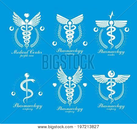 Aesculapius Greek vector abstract logotypes composed with wings heart shapes ecg charts and laurel wreaths. Medical symbols for use in pharmacology business and medical advertisement.