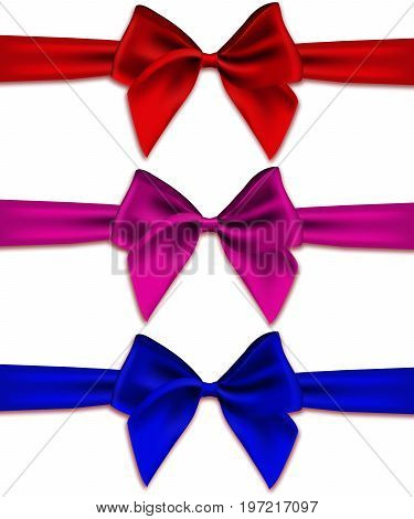 Set of bows of satin ribbons on a white background. Realistic vector illustration of 3d