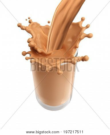 Splash of chocolate milk from the glass on isolated white background. 3d rendering