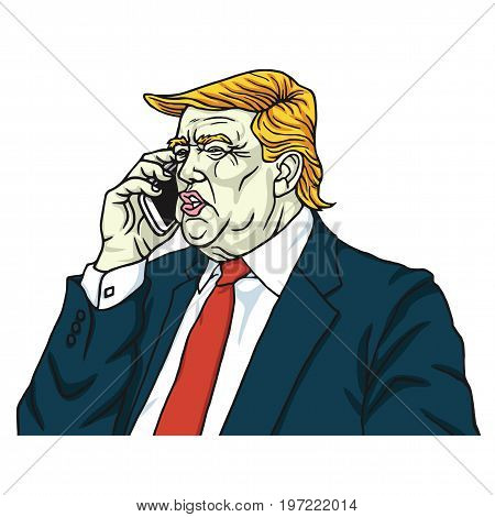 Donald Trump on Mobile Phone. Cartoon Vector Illustration. July 28, 2017