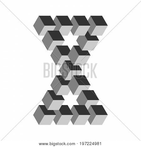 Two connected impossible triangles in grey. 3D cubes arranged as geometric optical illusion. Reutersvard traingle. Vector illustration.