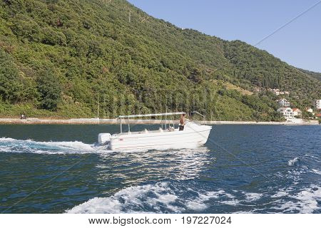 Unknown Man Travel By Boat Along The Boka-kotor Gulf