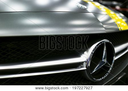 Sankt-Petersburg Russia July 21 2017: Front view of Mercedes Benz C 63s coupe 2017 logo. Car exterior details. Photo Taken at Royal Auto Show July 21