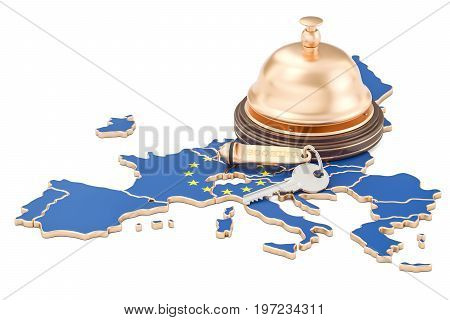 EU booking concept. European Union flag with hotel key and reception bell 3D rendering