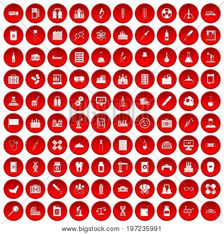100 chemical industry icons set in red circle isolated on white vectr illustration