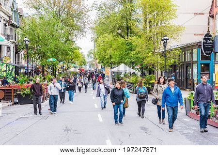 Montreal Canada - May 26 2017: People walking on Saint Denis street in Montreal's Plateau Mont Royal in Quebec region