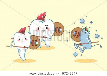 two cute cartoon tooth fight to the bacterium