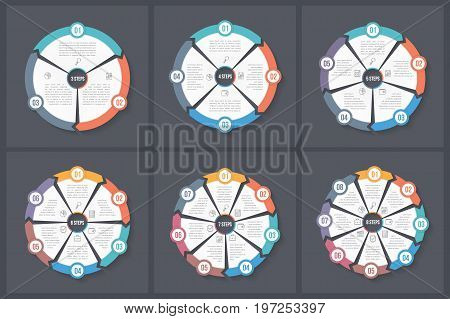 Circle infographic templates with 3, 4, 5, 6, 7 and 8 elements steps or options, workflow or process diagram, data vizualization, vector eps10 illustration