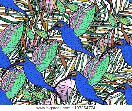 Tropical Pattern. Seamless Background With Palm Leaves Humming bird And Tropical Flowers. For Textile Or Book Covers Manufacturing Print Gift Wrap And Scrapbooking