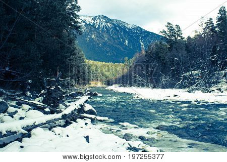 Caucasus Mountains in winter in Arkhyz, Karachay-Cherkess Republic, Russia