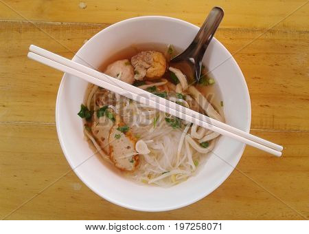 Fish Noodles : small line Fish Balls Fish Line in White Bowl
