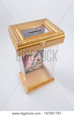 Gomel, Belarus - 28 July 2017: Transparent Light Urn For Donations From Plexiglass And Plastic Bague
