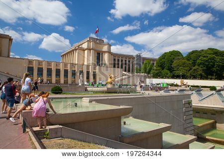 ParisFrance - June 17 2017: Sculpture of the bull and the deer by Paul Jouve front of the Palais de Chaillot. The work was made for the Universal Exhibition of 1937 in the gardens of the Trocadero.