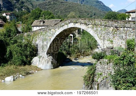 Roman Bridge At Giornico On Leventina Valley