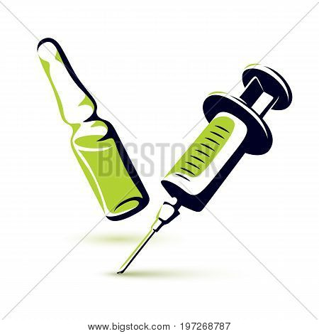 Vector graphic illustration of plastic disposable syringe for medical injections and ampoule with medicine. Antivirus vaccination concept.