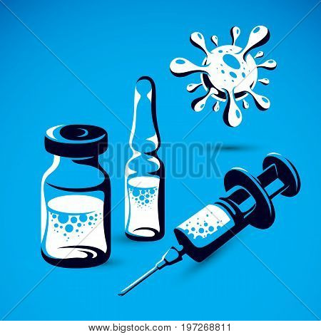 Vector graphic illustration of bottle ampoule with medicine and medical syringe for injections. Antivirus vaccination concept.