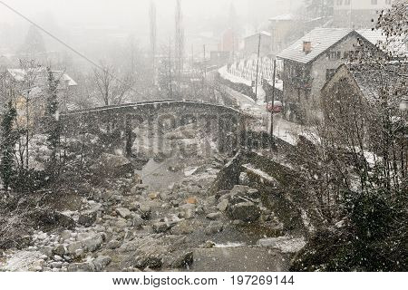 The Village Of Giornico Under Snowfall In Leventina Valley
