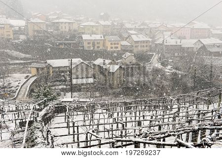 The Village Of Giornico Under Snowfall In Leventina Valley