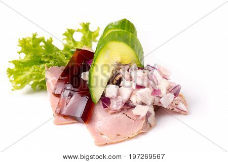 Danish specialties and national dishes high-quality open sandwich. Sandwich with pork roll sausage rullepoelse jelly and raw red onions isolated on white background
