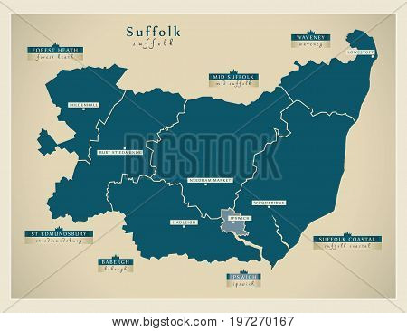 Modern Map - Suffolk County With District Labels England Uk Illustration