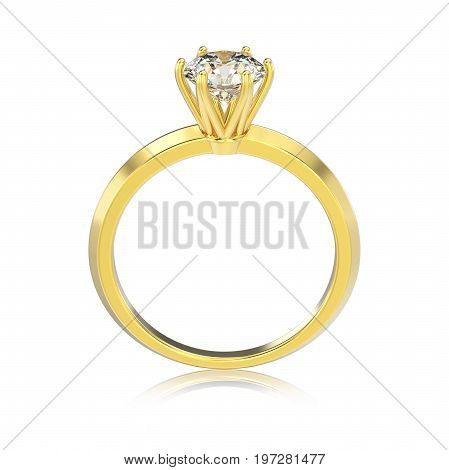 3D illustration isolated yellow gold classic ring with diamonds with reflaction on a white background
