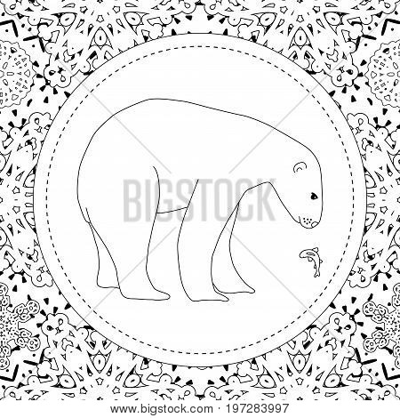 Coloring pages. A polar bear stands in the snow. A winter postcard