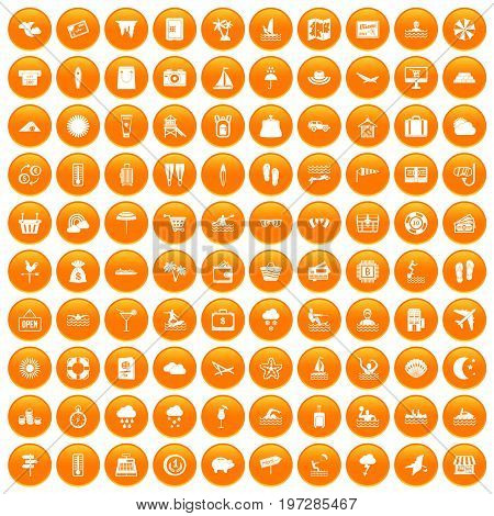 100 seaside resort icons set in orange circle isolated on white vector illustration