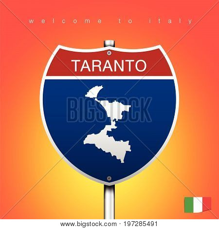 An Sign Road America Style with state of Italy with Orange background and message TARANTO and map vector art image illustration