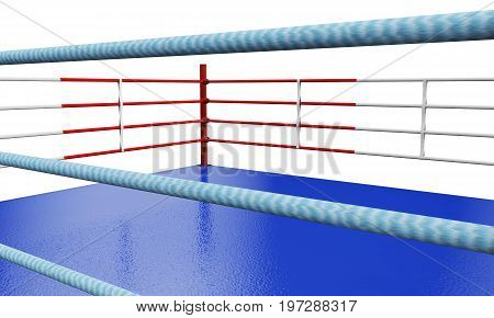 A 3D render of a modern boxing ring with opposing blue and red corners on an isolated white studio background