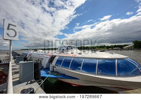PETERHOF/ RUSSIA - JULY 2, 2017.  Passenger mooring Peterhof for hydrofoil boats, of the type Meteor, located at the open coast of Gulf of Finland, in Peterhof (suburb of St. Petersburg), Russia
