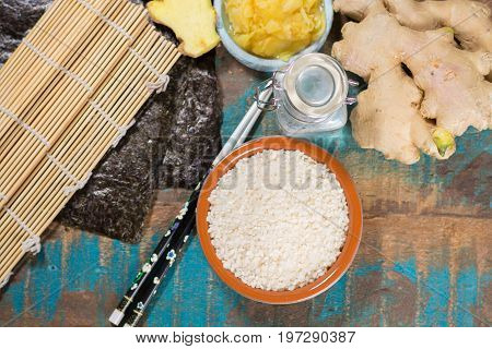 Asian Food Background. Sushi And Rolls Preparation. Making Sushi At Home Traditional Sushi Ingredien