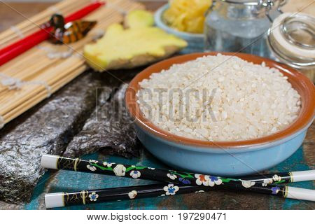 Asian Food Background. Sushi And Rolls Preparation. Making Sushi At Home Traditional Sushi Ingredien