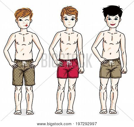 Happy young teenager boys posing in colorful stylish beach shorts. Vector set of beautiful kids illustrations. Childhood and family lifestyle cartoons.