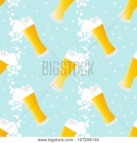 Beer seamless pattern with bubbles on blue background