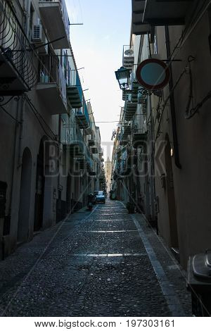 Touristic And Vacation Pearl Of Sicily, Small Town Of Cefalu, Sicily, South Italy, Street View, Suns