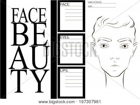 Beauty Face Chart. Close Up Woman Portrait. Makeup Artist Blank Template, Face Chart, Vector Illustr