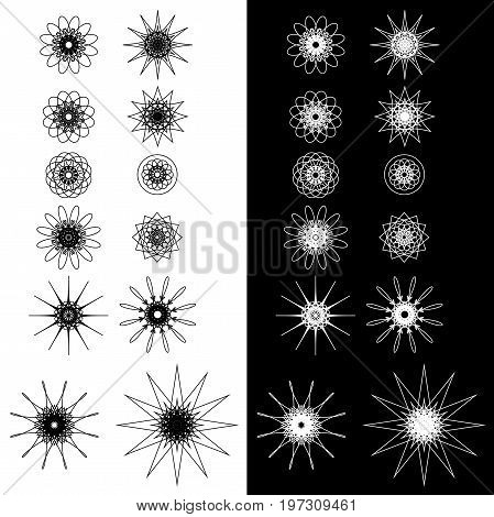 Set of round decorative design elements. Kaleidoscope icons flowers stars and snowflakes black and white versions. Isolated spirograph symbols. Vector