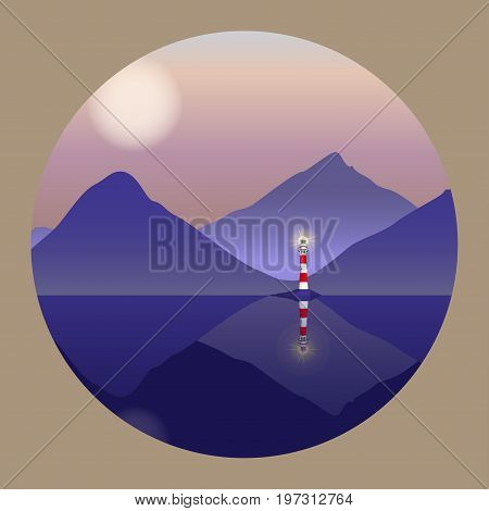Mountain landscape with lighthouse and lake. Vector illustration EPS10