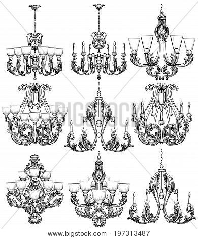 Rich Baroque Classic chandelier set. Luxury decors accessory design. Vector illustration sketch