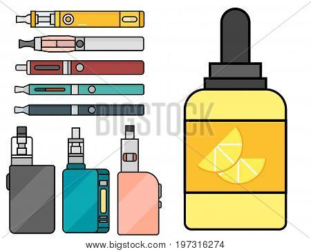 Vape device vector set cigarette vaporizer vapor juice vape bottle flavor illustration battery coil. Trend new culture electronic nicotine liquid. Smoking atomizer device e-liquid.