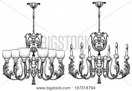 Rich Baroque Classic chandelier. Luxury decors accessory design. Vector illustration sketch